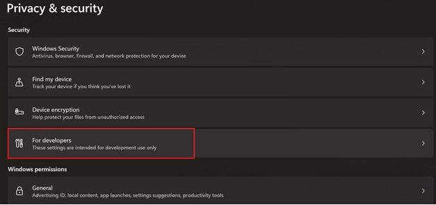 روی گزینه ای که For Developers خوانده می شود کلیک کنید.