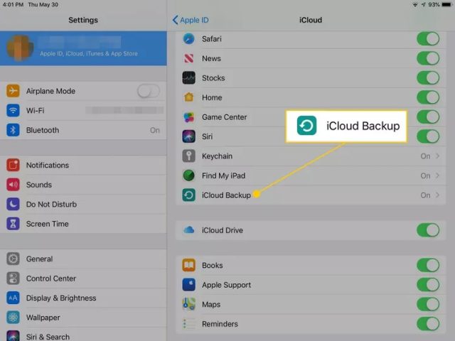 دکمه پشتیبان گیری iCloud در تنظیمات iOS در iPad