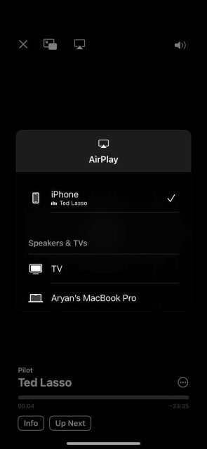 منوی iOS AirPlay که بلندگوها و تلویزیون های موجود برای AirPlay را نشان می دهد