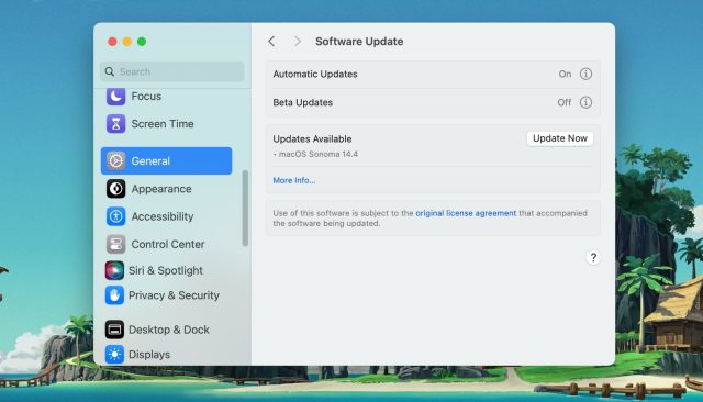 پانل به روز رسانی نرم‌افزار در تنظیمات سیستم macOS