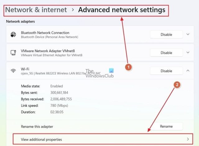 مشخصات شبکه اضافی را برای آداپتور Wifi مشاهده کنید