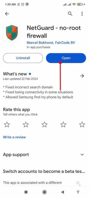 دکمه باز کردن NetGuard در فروشگاه Google Play.
