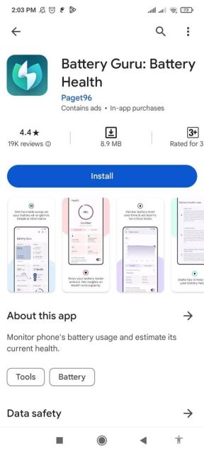 نصب Battery Guru با استفاده از صفحه فروشگاه Google Play.