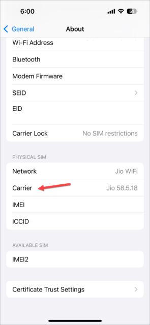 به گزینه 'Carrier' بروید