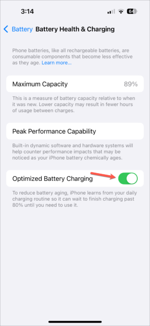 کلید 'Optimized Battery Charging' را فعال کنید.