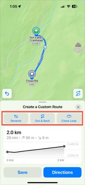 در هر دو مورد، هنگام ذخیره مسیر، گزینه‌های مختلفی مانند 'Reverse'، 'Out & Back' و 'Close Loop' را خواهید دید. برای انتخاب یک گزینه روی آن ضربه بزنید. همچنین می توانید چندین گزینه مانند Reverse و Out & Back یا Reverse & Close Loop را انتخاب کنید.