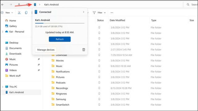 نحوه دسترسی به گوشی اندروید در File Explorer ویندوز 11