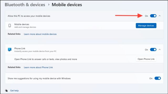 فعال کردن گزینه Allow this PC to access your mobile devices