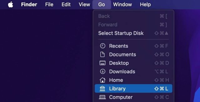 گزینه Library در منوی Go در macOS هایلایت شده است
