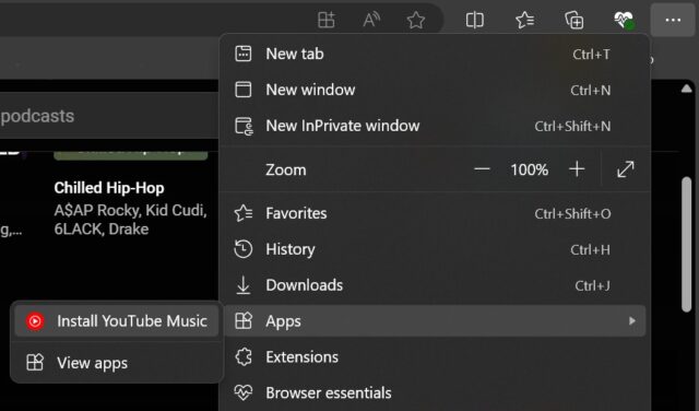 گزینه Install YouTube Music در نوار تنظیمات Edge