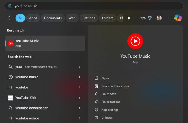 برنامه YouTube Music در منوی Start Windows