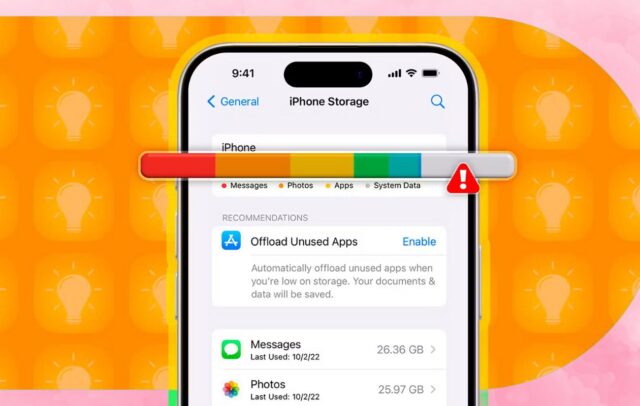 an-iphone-on-the-storage-screen-with-a-small-alert-icon-next-to-it