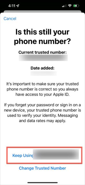 می‌گوید «Keep Using» یا «Change trusted number»، روی «Keep Using» ضربه بزنید