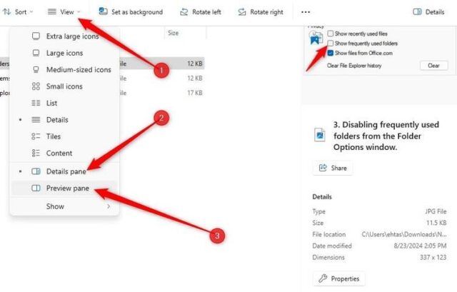 فعال کردن قسمت جزئیات و پیش نمایش در Windows File Explorer.