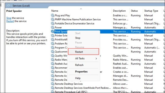 ری استارت سرویس Print Spooler