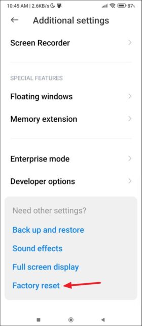 روی 'Factory reset' ضربه بزنید.