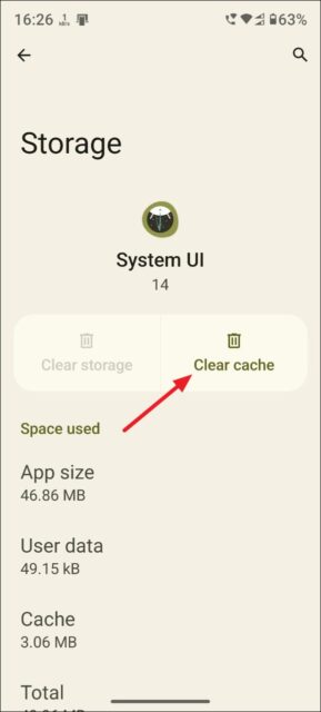 در آخر، روی «Clear cache» ضربه بزنید تا کش سیستم UI پاک شود.