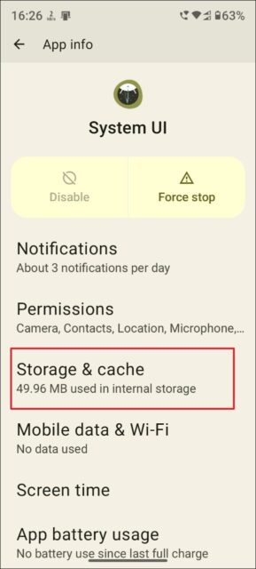 مجدداً روی «Storage and Cache» برای برنامه ضربه بزنید.