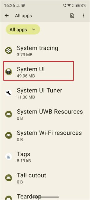اکنون به صفحه برنامه ها برگردید و روی «System UI» ضربه بزنید.