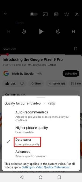 'Data Saver' برای کیفیت ویدیو در YouTube برجسته شده است.