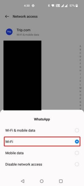 'Wi-Fi' برای WhatsApp در تنظیمات دسترسی به شبکه برجسته شده است.