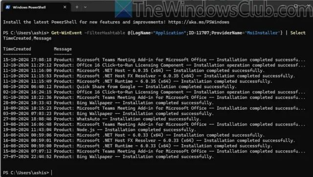 دیدن تاریخچه نصب برنامه ها با Power Shell