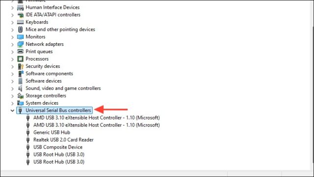 گسترش منوی Universal Serial Bus controllers