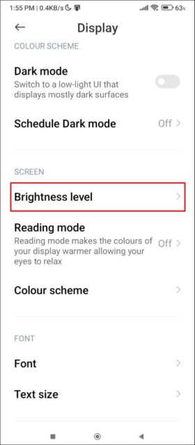 سپس روی «Brightness level» ضربه بزنید.