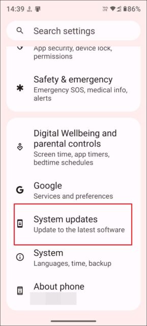 برنامه تنظیمات را باز کنید و روی «System updates» ضربه بزنید.