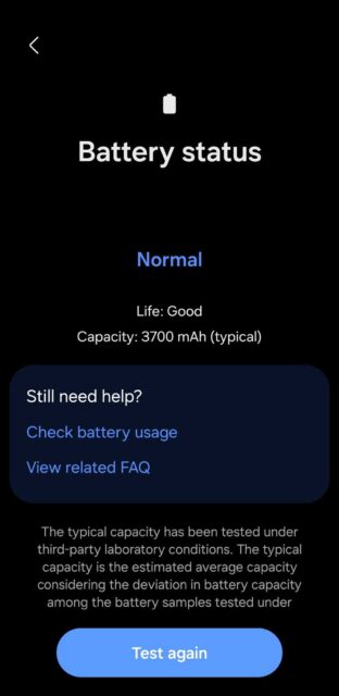 برای اجرای تشخیص، روی Battery status ضربه بزنید.