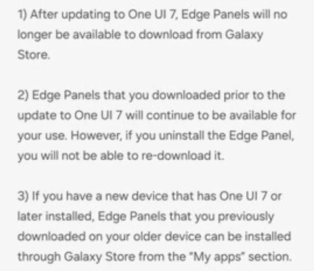 سامسونگ همچنین می گوید که وقتی به One UI 7 بروید، پس از حذف پنل های Edge نمی توانید آنها را دوباره دانلود کنید.