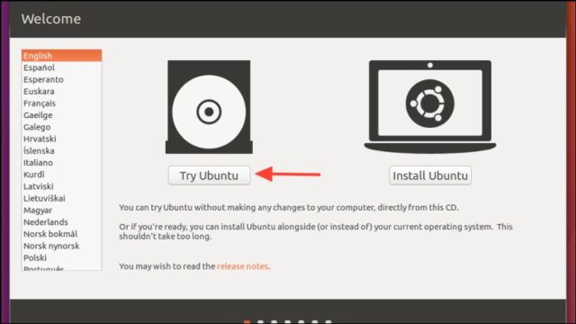 انتخاب گزینه Try Ubuntu