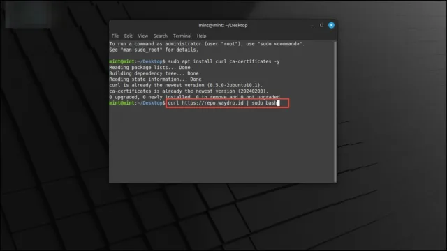 سپس curl https://repo.waydro.id | را تایپ کنید sudo bash و Enter را فشار دهید تا مخزن WayDroid اضافه شود.