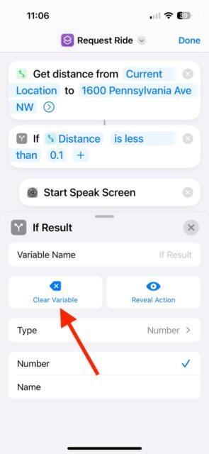 دکمه Clear Variable در برنامه Shortcuts در آیفون.