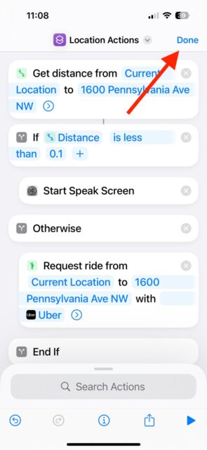 دکمه Done در میانبر Location Actions در برنامه Shortcuts در آیفون.