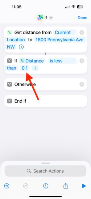 اگر فاصله کمتر از 0.1 در برنامه Shortcuts در آیفون باشد.