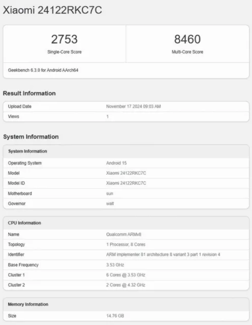 ردمی K80 پرو در Geekbench ظاهر شد و امتیاز 2753 برای تک هسته ای و 8460 برای چندین هسته را کسب کرد