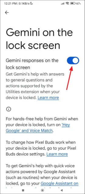 سپس روی کلید «Gemini responses on the lock screen» ضربه بزنید تا روشن شود.