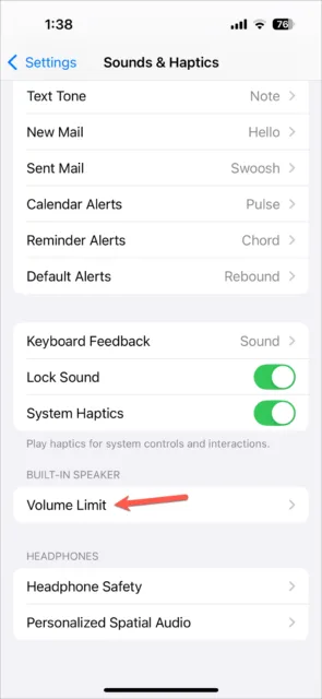 به پایین اسکرول کنید و به گزینه 'Volume Limit' زیر 'Built-in Speaker' بروید.