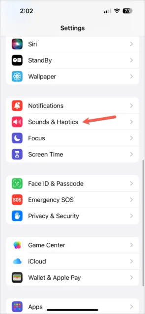 برنامه Settings را باز کنید و به 'Sounds & Haptics' بروید